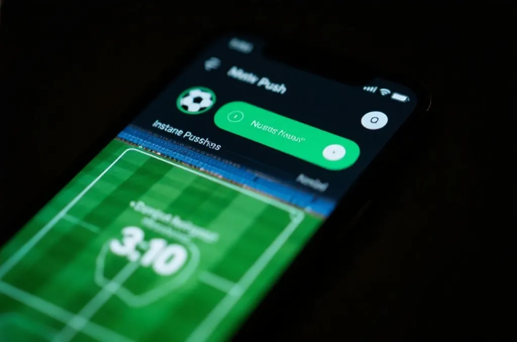 A close-up of a mobile phone screen showing instant push notifications for a football match score update, dark background with glowing interface elements